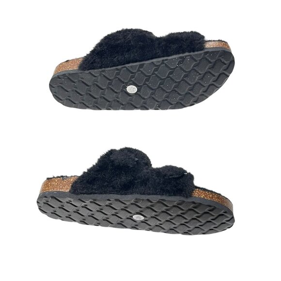 Black Faux Fur Double-Buckle Slide Sandals With Cork Sole - Womens Size 40 EU  9 - Picture 10 of 11